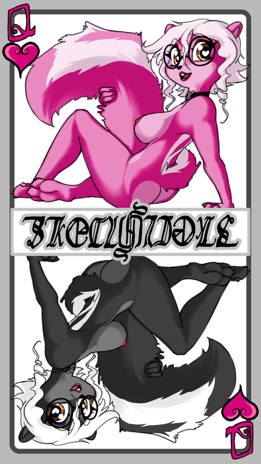 &lt;3 &lt;3_eyes 2023 alternate_color anthro black_body black_fur black_nose breasts card choker diana_rayablanca english_text eyewear female fur glasses hair hi_res jewelry mammal mephitid necklace nipples nude open_mouth open_smile pink_body pink_fur pink_hair playing_card queen_of_hearts_(card) robcivecat skunk smile solo text white_hair