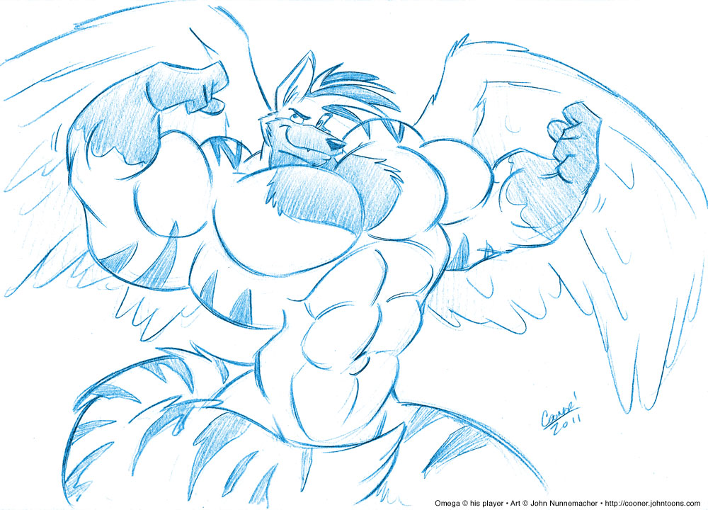 2011 abs anthro big_abs big_biceps big_muscles big_pecs black_nose canid canine canis cooner english_text feathered_wings feathers flexing_both_biceps fur hair male mammal monochrome muscular muscular_anthro muscular_male navel nude pecs solo spread_wings tail tempest_omega text toony url wings wolf