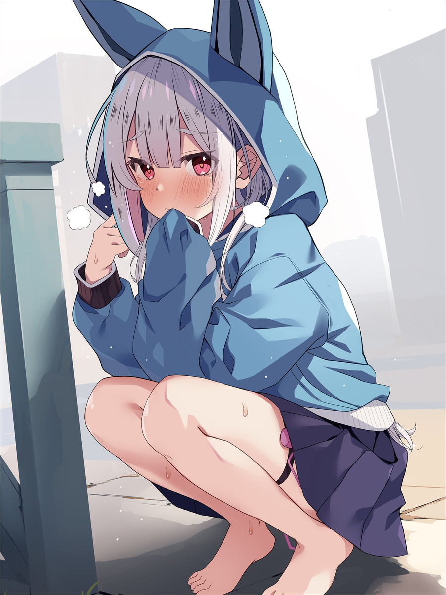 1girl animal_ear_headwear animal_ears anna_(kazumasa) bare_legs barefoot black_skirt blue_hoodie blunt_bangs blush closed_mouth commentary_request fake_animal_ears hand_to_own_mouth heavy_breathing hood hood_up hoodie implied_vibrator kazumasa long_hair long_sleeves miniskirt original outdoors paid_reward_available petite pink_eyes pleated_skirt puffy_long_sleeves puffy_sleeves rabbit_ears skirt sleeves_past_fingers sleeves_past_wrists solo squatting thigh_strap tiptoes toes