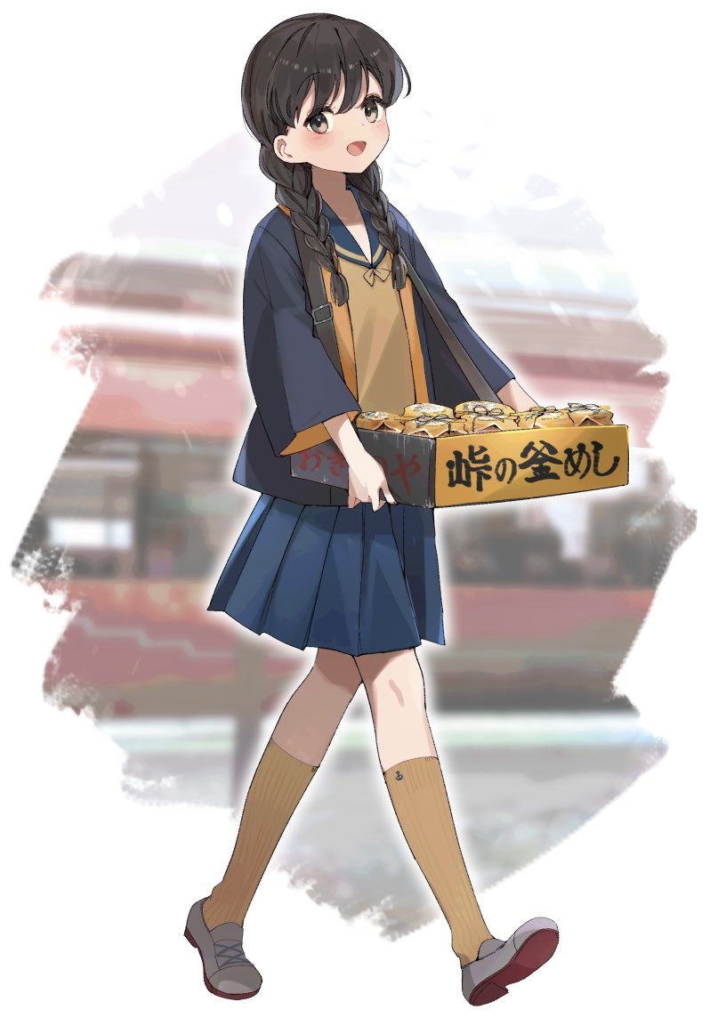 1girl black_hair blue_sailor_collar blue_skirt box brown_eyes brown_shirt brown_socks commentary_request full_body happi japanese_clothes kantai_collection landing_ship_no._101_(kancolle) long_hair low_twintails pleated_skirt sailor_collar school_uniform serafuku shirt skirt socks solo translation_request twintails yamashichi_(mtseven)