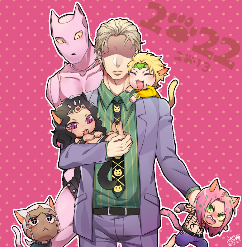 2013 6+boys :&lt; :3 animal_ears animalization battle_tendency black_hair blonde_hair cat_day cat_ears cat_tail chibi collar_grab dark-skinned_male dark_skin diamond_wa_kudakenai diavolo dio_brando enrico_pucci eyes_in_shadow fangs formal foxvulpine green_eyes jojo_no_kimyou_na_bouken kars_(jojo) kemonomimi_mode killer_queen kira_yoshikage male_focus multiple_boys necktie paw_print pink_hair pinstripe_pattern pinstripe_shirt polka_dot polka_dot_background purple_eyes shaded_face shirt slit_pupils stand_(jojo) stardust_crusaders stone_ocean striped suit tail vento_aureo