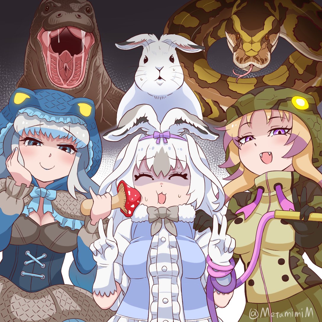 3girls african_rock_python_(kemono_friends) animal animal_ears animal_hood blue_eyes blue_lips blush bow bowtie breasts brown_hair c: capelet center_frills cheek_poking closed_eyes closed_mouth corset double_v drawstring dress eyelashes facing_viewer fangs frills fur_collar furrowed_brow gloves glowing glowing_clothes grey_hair hairband hand_on_another's_shoulder hand_on_own_cheek hand_on_own_face hands_up holding holding_mushroom holding_whip hood hood_up hooded_jacket jacket kemono_friends komodo_dragon komodo_dragon_(kemono_friends) lipstick lizard long_hair long_sleeves looking_at_viewer makeup medium_breasts metamimi multicolored_hair multiple_girls mushroom open_mouth pinky_out poking purple_eyes purple_hair rabbit rabbit_ears scared shaded_face shirt skirt smile snake snake_hood snowshoe_hare_(kemono_friends) sweat twintails twitter_username two-tone_hair upper_body v vest whip white_hair you_gonna_get_raped zipper