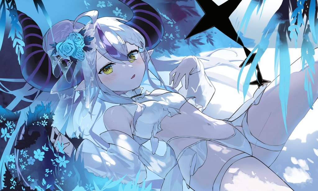 1girl bikini blue_flower blue_rose blue_theme blush braid breasts collar commentary demon_girl demon_horns detached_sleeves fang flower frilled_bikini frilled_collar frills grey_hair hair_between_eyes hair_bun hair_flower hair_ornament halterneck highleg highleg_bikini hololive horns kabedoru la+_darknesss long_hair looking_at_viewer lying multicolored_hair navel open_mouth pointy_ears puffy_sleeves purple_hair rose sidelocks skin_fang small_breasts stomach streaked_hair swimsuit symbol-only_commentary tail thigh_strap tree very_long_hair white_bikini yellow_eyes