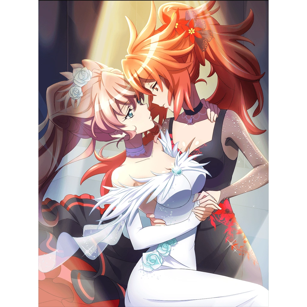 2girls amou_kanade artist_request bad_source black_choker blue_eyes breasts choker cleavage dancing dress flower hair_flower hair_ornament holding_hands jewelry large_breasts long_hair looking_at_another maria_cadenzavna_eve multiple_girls necklace official_art orange_eyes pink_hair ponytail red_hair rose senki_zesshou_symphogear senki_zesshou_symphogear_xd_unlimited stage_lights white_choker yuri
