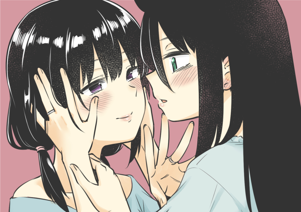 2girls bags_under_eyes black_hair blue_shirt blush closed_mouth commentary_request eye_contact green_eyes hair_between_eyes hand_up hands_up happy holding_another's_wrist jewelry kuroki_tomoko long_hair looking_at_another multiple_girls orikuchi_hirata parted_lips pink_background portrait purple_eyes ring shirt simple_background smile tamura_yuri watashi_ga_motenai_no_wa_dou_kangaetemo_omaera_ga_warui! yuri