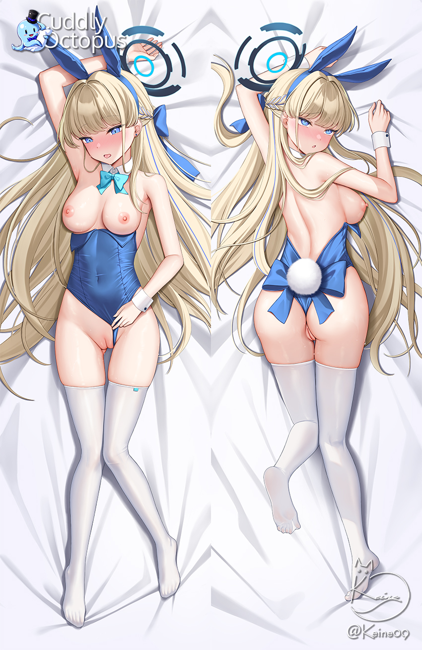 1girl :p animal_ears aqua_bow aqua_bowtie arm_behind_head arm_up armpits artist_name ass backless_leotard bare_shoulders blonde_hair blue_archive blue_eyes blue_hair blue_leotard blush bow bowtie braid breasts breasts_out chestnut_mouth clothing_aside commentary covered_navel cuddly_octopus dakimakura_(medium) detached_collar fake_animal_ears fake_tail full_body hair_bow halo highres keine09 leotard leotard_aside leotard_pull long_hair looking_at_viewer looking_back lying medium_breasts multicolored_hair multiple_views nipples on_back on_stomach open_mouth playboy_bunny pussy rabbit_ears rabbit_tail signature soles strapless strapless_leotard streaked_hair tail thighhighs toki_(blue_archive) toki_(bunny)_(blue_archive) tongue tongue_out uncensored white_thighhighs white_wrist_cuffs wrist_cuffs