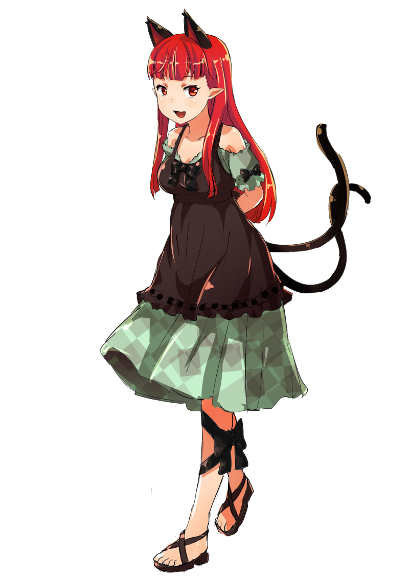 1girl :d adapted_costume alternate_hairstyle animal_ears arms_behind_back bare_shoulders black_footwear blunt_bangs breasts cat_ears cat_tail dress extra_ears full_body green_dress hair_behind_ear hair_down kaenbyou_rin light_blush long_hair looking_at_viewer medium_breasts multiple_tails nekomata off-shoulder_dress off_shoulder pointy_ears red_eyes red_hair sandals shimofuri sidelocks smile solo tail toes touhou two_tails very_long_hair