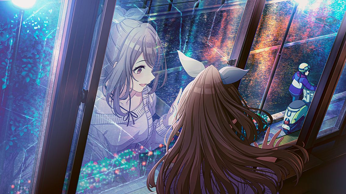 2girls :d asymmetrical_clothes black_hair bow braid breasts brown_eyes brown_hair coat from_behind game_cg goggles goggles_on_headwear hair_bow hand_on_glass idolmaster idolmaster_shiny_colors lamppost large_breasts long_hair mitsumine_yuika motor_vehicle multiple_girls neck_ribbon official_art parted_lips ponytail purple_coat reflection reflective_floor ribbon road scooter sidelocks smile street sweater tsukioka_kogane twin_braids vespa walking white_bow window