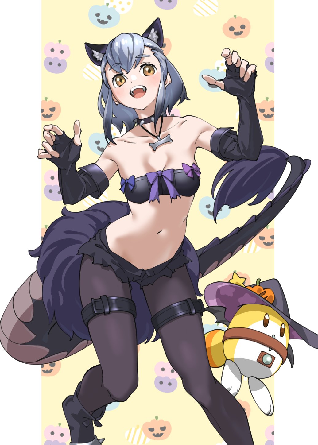 1girl :d animal_ear_fluff animal_ears bare_arms black_footwear black_hair black_pantyhose black_shorts bone_necklace boots breasts cerberus_(kemono_friends) cerberus_(kemono_friends)_(cosplay) character_request collar collarbone commentary cosplay elbow_gloves english_commentary feet_out_of_frame fingerless_gloves gloves gradient_hair grey_hair hat highres jack-o'-lantern kemono_friends lucky_beast_(kemono_friends) micro_shorts multicolored_hair navel open_mouth pantyhose short_hair shorts simple_background small_breasts smile solo spiked_collar spikes stomach strapless tail tanabe_(fueisei) thigh_strap tube_top witch_hat yellow_background yellow_eyes