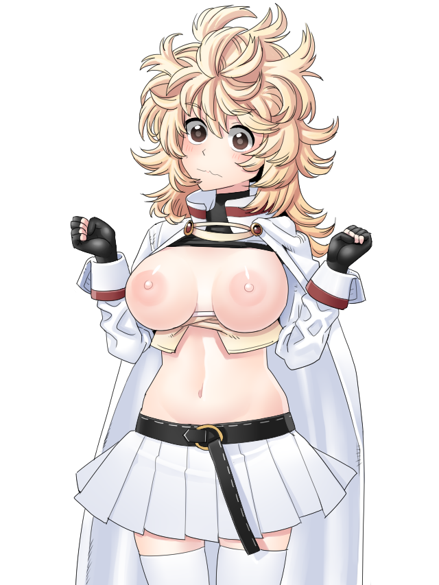 1girl aosode belt black_gloves blonde_hair breasts cape fingerless_gloves gloves large_breasts long_hair looking_at_viewer mamayuyu messy_hair navel nipples simple_background skirt solo standing thighhighs tongue tongue_out white_background white_cape white_skirt white_thighhighs wool_pool_elysia