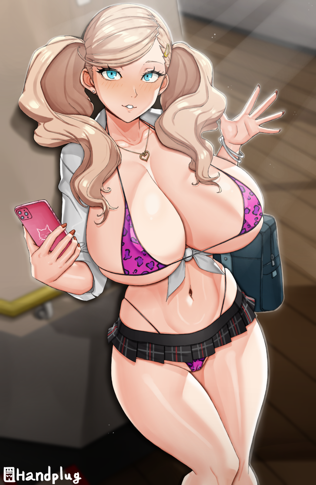 1girl alternate_breast_size animal_print bag bikini blonde_hair blue_eyes bracelet breasts cameltoe cellphone crop_top earrings groin gyaru hair_ornament hairclip handplug heart heart_necklace highres holding holding_phone huge_breasts jewelry leopard_print looking_at_viewer microskirt necklace open_clothes open_hand open_shirt parted_lips persona persona_5 phone print_bikini red_nails school_bag shirt skirt smartphone solo stud_earrings swimsuit takamaki_anne thighs thong_bikini tied_shirt twintails