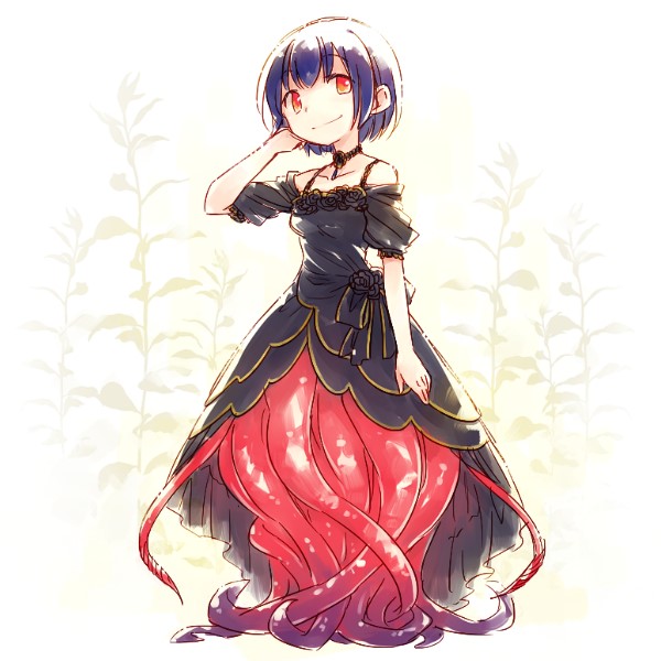 1girl adjusting_hair arm_at_side arm_up bare_shoulders black_choker black_dress black_hair choker closed_mouth collarbone detached_sleeves dress floral_background full_body hand_in_own_hair hand_up monster_girl original puffy_short_sleeves puffy_sleeves rakuni red_eyes scylla short_hair short_sleeves smile solo split_mouth standing tentacles