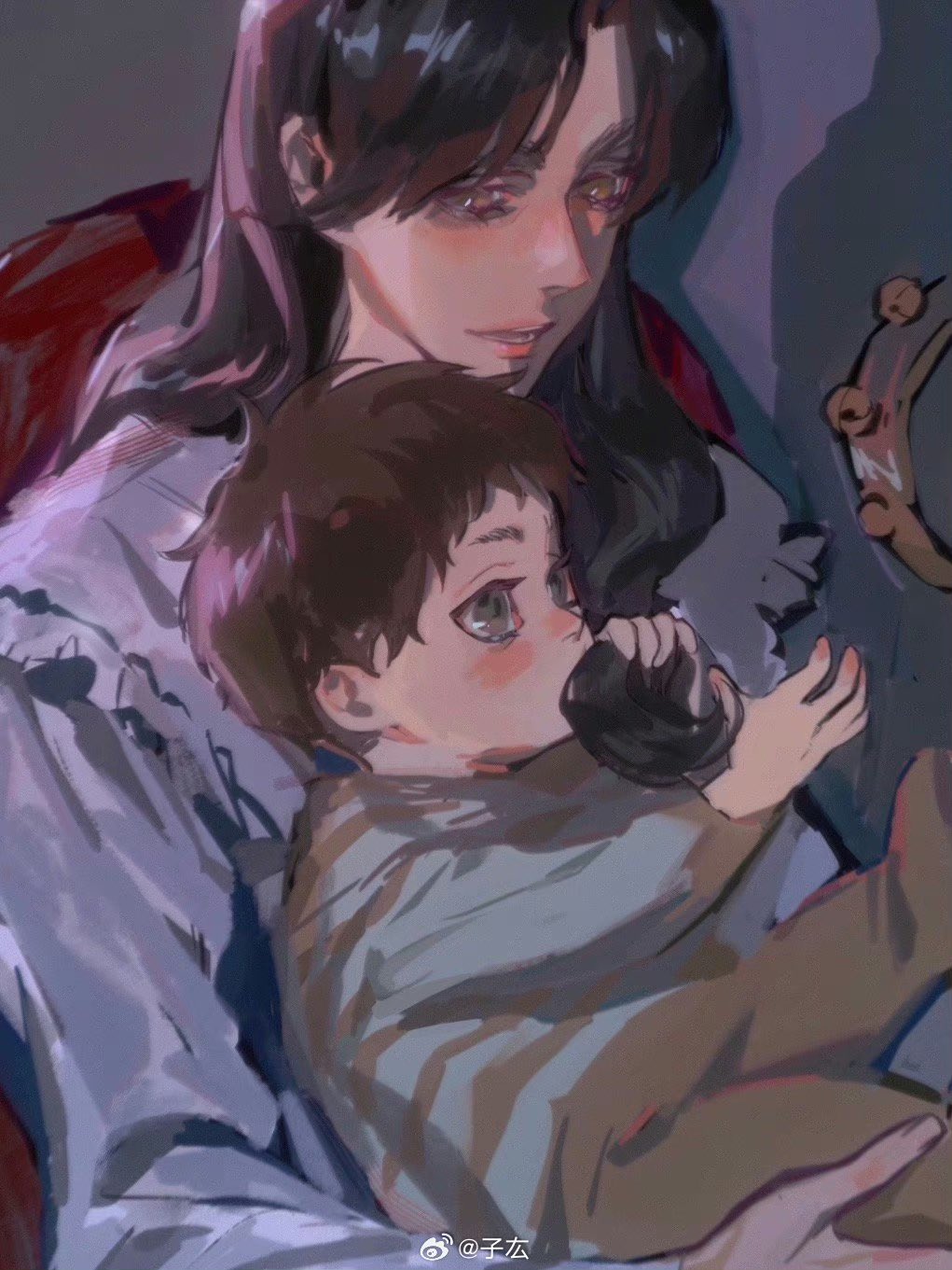 1boy 1girl affectionate aged_down baby biting_hair blush brown_hair carla_yeager chair eren_yeager highres long_hair looking_at_another mother_and_son motherly shingeki_no_kyojin short_hair sitting smile upper_body zigong