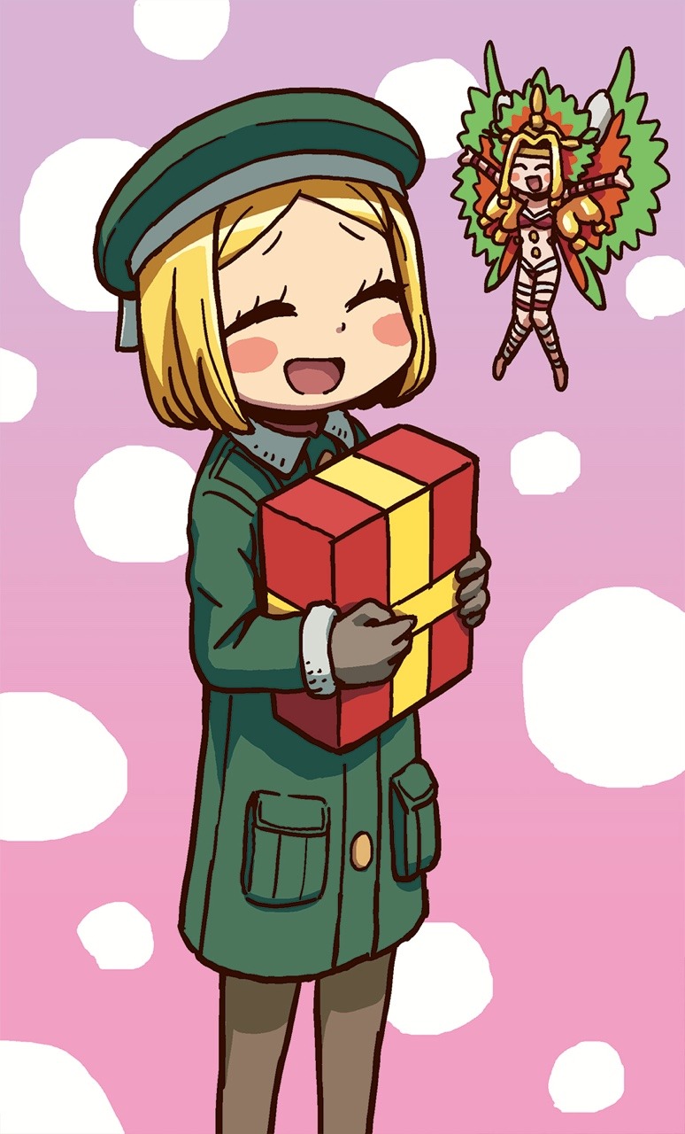 2girls beret blonde_hair blush_stickers box closed_eyes coat fate/grand_order fate_(series) flying giant giantess gift gift_box gloves green_coat green_headwear hat highres holding holding_gift long_hair multiple_girls open_mouth pantyhose paul_bunyan_(fate) quetzalcoatl_(fate) riyo_(lyomsnpmp) short_hair smile wings