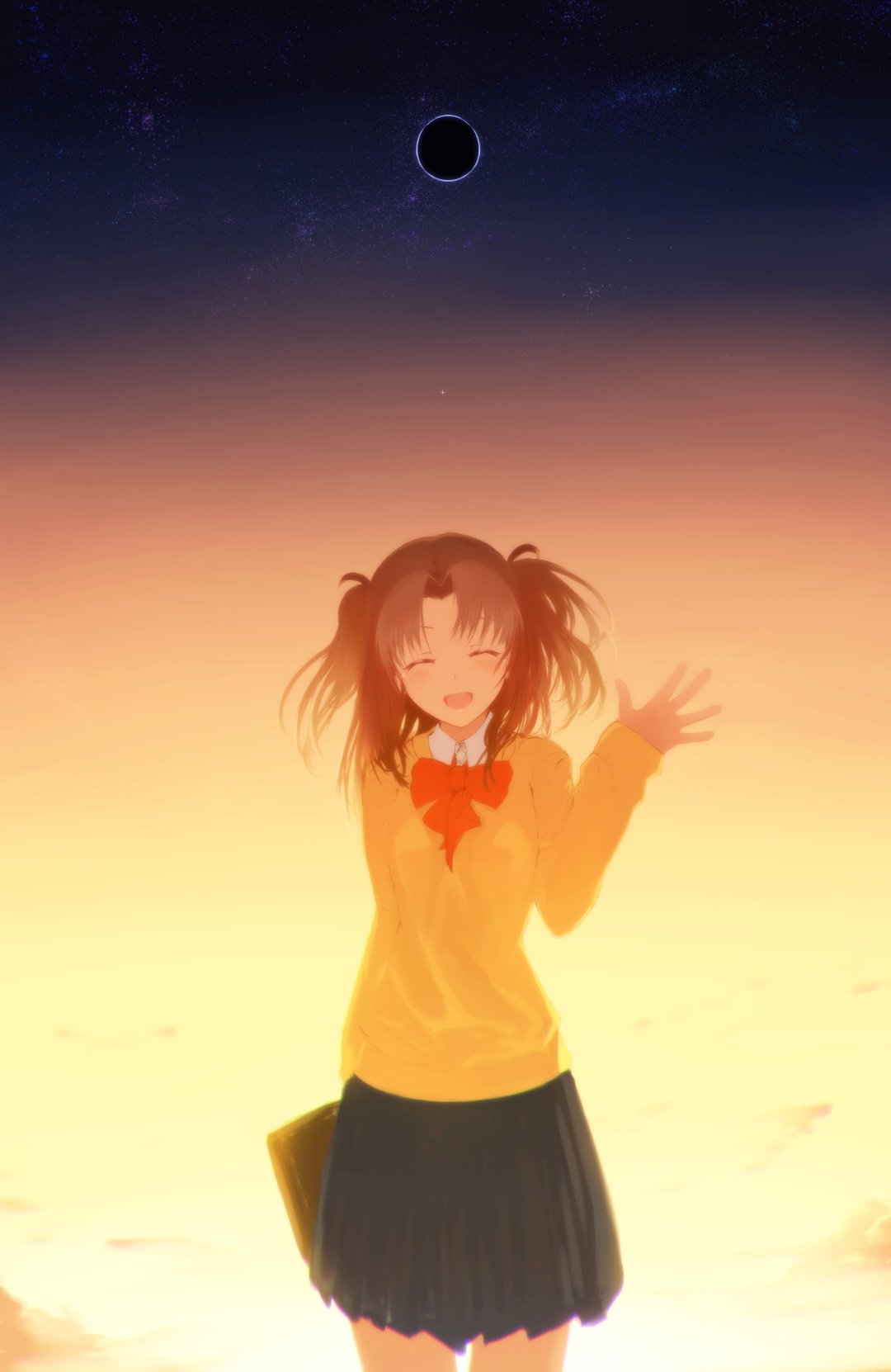 1girl antenna_hair bag black_skirt blush bow bowtie brown_hair burleciel cardigan closed_eyes collared_shirt commentary_request highres holding holding_bag long_hair long_sleeves parted_bangs pleated_skirt red_bow red_bowtie school_bag school_uniform shirt skirt sky smile solo sunset tsukihime tsukihime_(remake) two_side_up uniform white_shirt yellow_cardigan yumizuka_satsuki