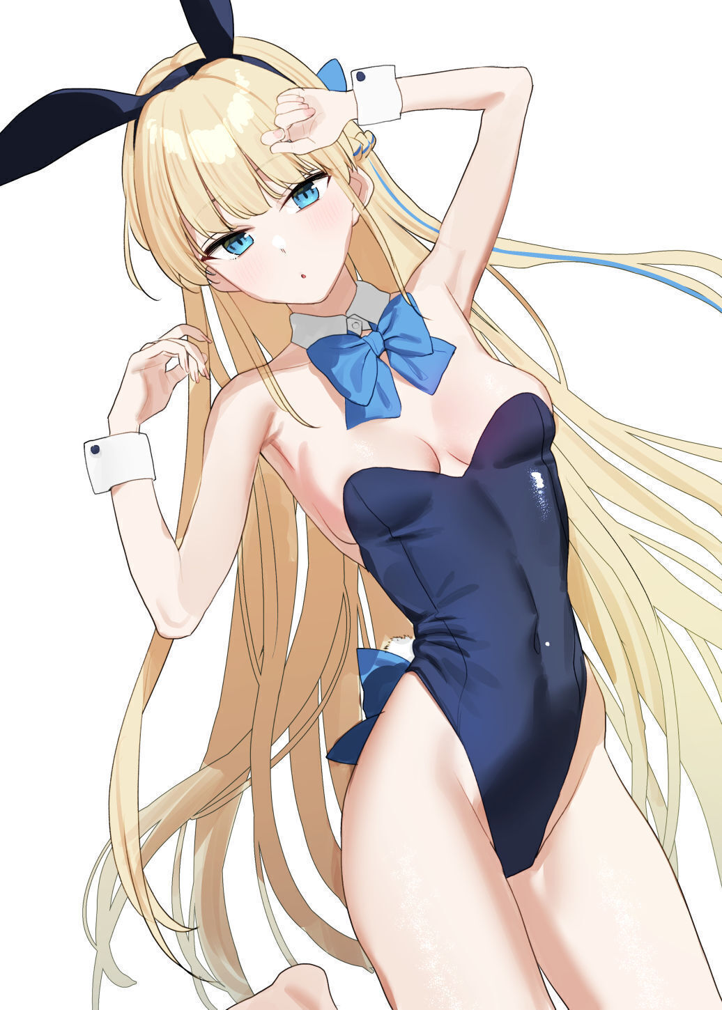 1girl animal_ears arm_up bare_shoulders blonde_hair blue_archive blue_bow blue_bowtie blue_eyes blue_leotard bow bowtie breasts cleavage covered_navel detached_collar fake_animal_ears hand_up highres leotard long_hair medium_breasts official_alternate_costume playboy_bunny rabbit_ears simple_background solo subachi toki_(blue_archive) toki_(bunny)_(blue_archive) white_background wrist_cuffs