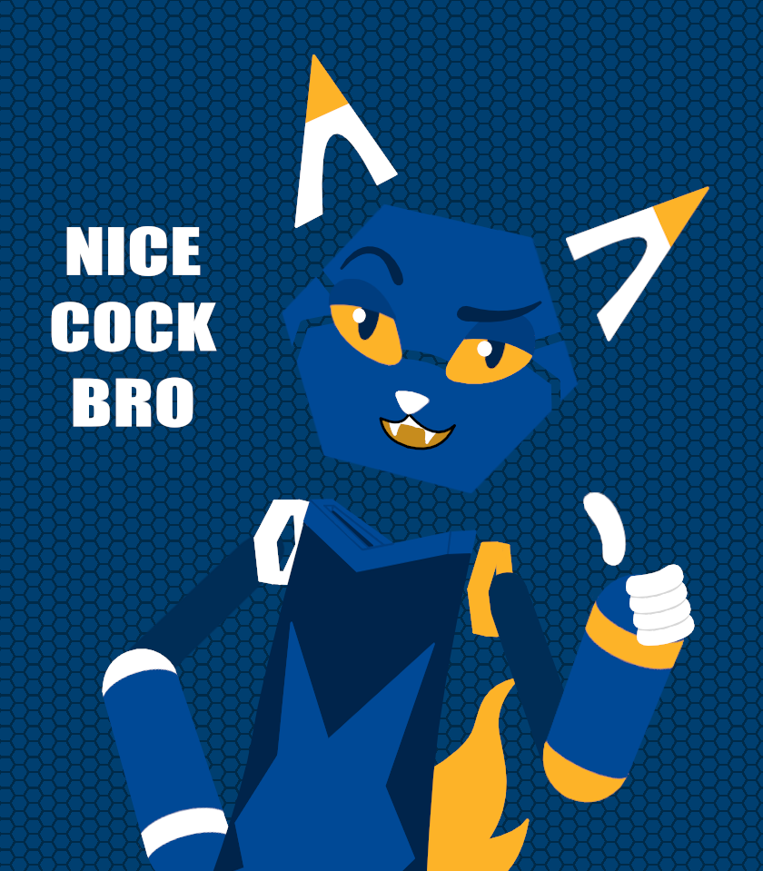 ambiguous_gender android anthro domestic_cat e621 esix fangs felid feline felis gesture hexagon looking_at_viewer machine mammal mascot meme nice_cock_bro orange_eyes redcrystal robot simple_background smile smiling_at_viewer solo teeth text thumbs_up