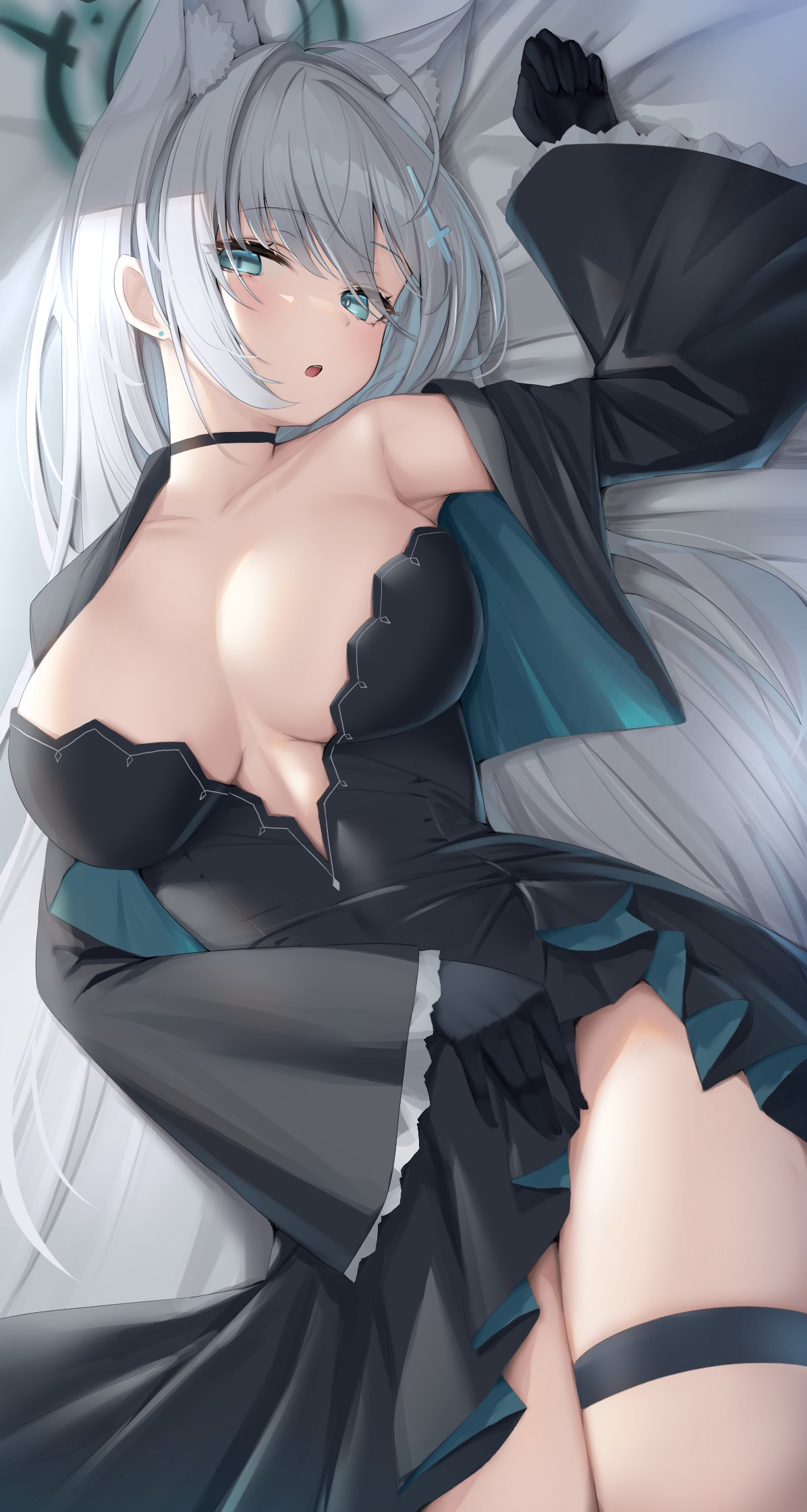1girl animal_ear_fluff animal_ears arm_up armpits bare_shoulders bed_sheet black_choker black_dress black_gloves black_jacket blue_archive blue_eyes breasts choker cleavage cropped_jacket dress extra_ears fox_ears gloves halo highres jacket large_breasts long_hair long_sleeves looking_at_viewer lying mismatched_pupils no_bra on_back open_clothes open_jacket reinama shiroko_(blue_archive) shiroko_(terror)_(blue_archive) solo strapless strapless_dress thigh_strap thighs very_long_hair white_hair wide_sleeves