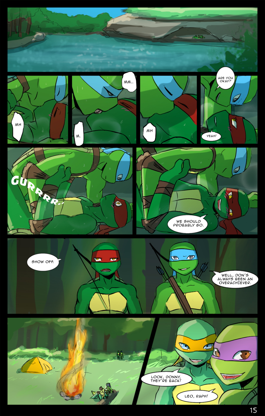 bandanna blush bodily_fluids bonfire bow_(weapon) brother_(lore) brothers_(lore) comic dialogue donatello_(tmnt) eyes_closed fire forest french_kissing hi_res hungry incest_(lore) kerchief kissing leonardo_(tmnt) male male/male michelangelo_(tmnt) momorawrr neattea outside plant ranged_weapon raphael_(tmnt) reptile romantic scalie sibling_(lore) sweat teenage_mutant_ninja_turtles tongue tree turtle weapon wet