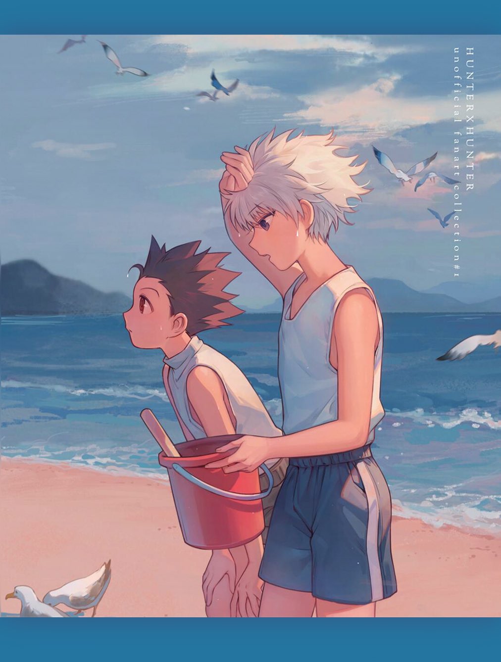 2boys beach bird black_hair blue_eyes blue_sky bucket cloud day gon_freecss highres holding hunter_x_hunter kiko killua_zoldyck leaning_forward male_focus multiple_boys outdoors profile red_eyes shorts sky sleeveless spiked_hair tank_top water wet white_hair white_tank_top