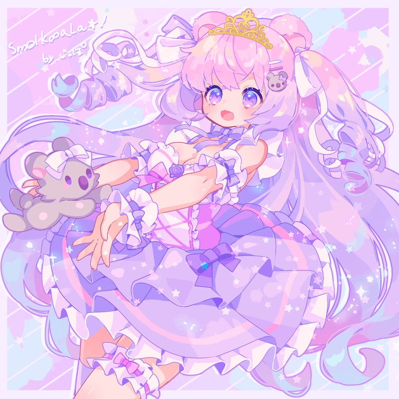 1girl animal_ears arm_garter bow bowtie breasts cleavage dress drill_locks frilled_thighhighs frills gradient_hair indie_virtual_youtuber iridescent koala_ears koala_hair_ornament komusun long_hair multicolored_hair open_mouth pink_hair purple_bow purple_bowtie purple_dress purple_eyes purple_hair smile smolkooala solo stuffed_animal stuffed_koala stuffed_toy thighhighs two_side_up very_long_hair virtual_youtuber white_bow wrist_cuffs