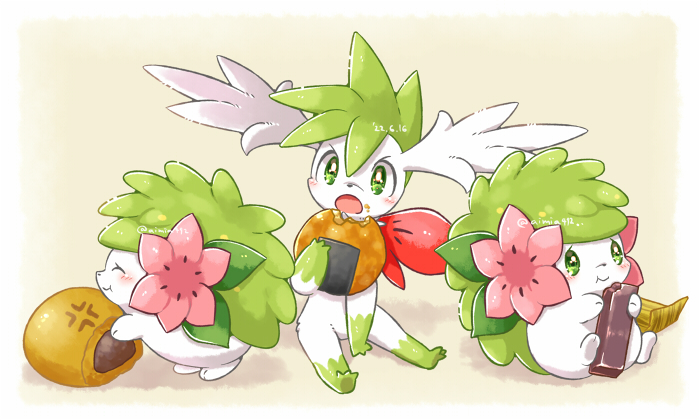 :t ^_^ aimi_(aimia492) artist_name blush border closed_eyes closed_mouth commentary_request cracker eating flower food food_on_face green_eyes holding holding_food no_humans open_mouth pink_flower pokemon pokemon_(creature) senbei shaymin shaymin_(land) shaymin_(sky) simple_background sitting smile twitter_username v-shaped_eyebrows white_border yellow_background