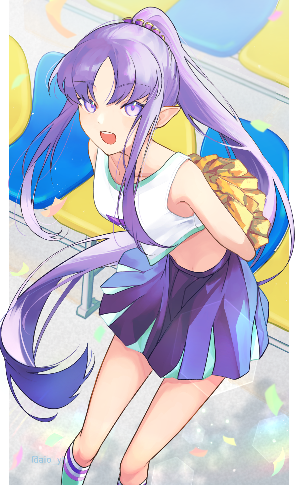 1girl :d arms_behind_back bare_arms border cheerleader collarbone commission crop_top fate/grand_order fate_(series) floating_hair highres kneehighs long_hair medea_(lily)_(fate) midriff miniskirt open_mouth pillarboxed pleated_skirt pointy_ears ponytail purple_eyes purple_hair purple_skirt shin'ya_(yukiura) skeb_commission skirt smile socks solo stomach very_long_hair white_border