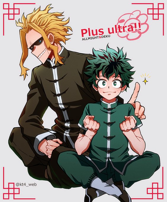 2boys alternate_costume black_sclera blonde_hair boku_no_hero_academia bright_pupils chinese_clothes clenched_hands closed_mouth colored_sclera freckles green_eyes grey_background grey_hair hand_on_another's_shoulder indian_style male_focus messy_hair midoriya_izuku multiple_boys short_hair sitting teacher_and_student tsukuyomi_kou white_pupils yagi_toshinori