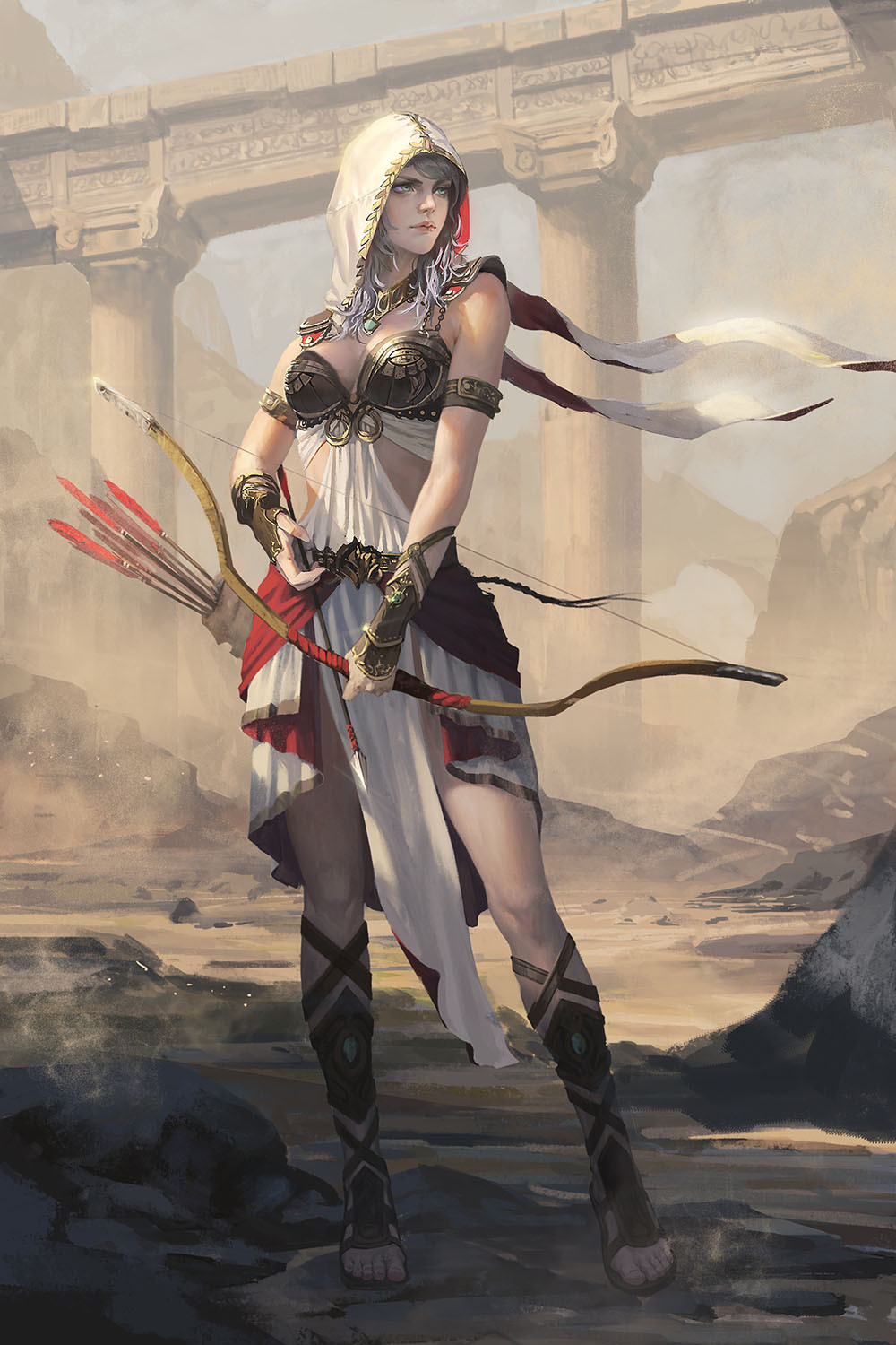 1girl arm_guards armor arrow_(projectile) bikini_armor blue_eyes bow_(weapon) breasts cleavage column commentary english_commentary full_body grey_hair highres medium_breasts original pillar quiver rui_li sandals shoulder_pads skirt solo weapon white_hood white_skirt