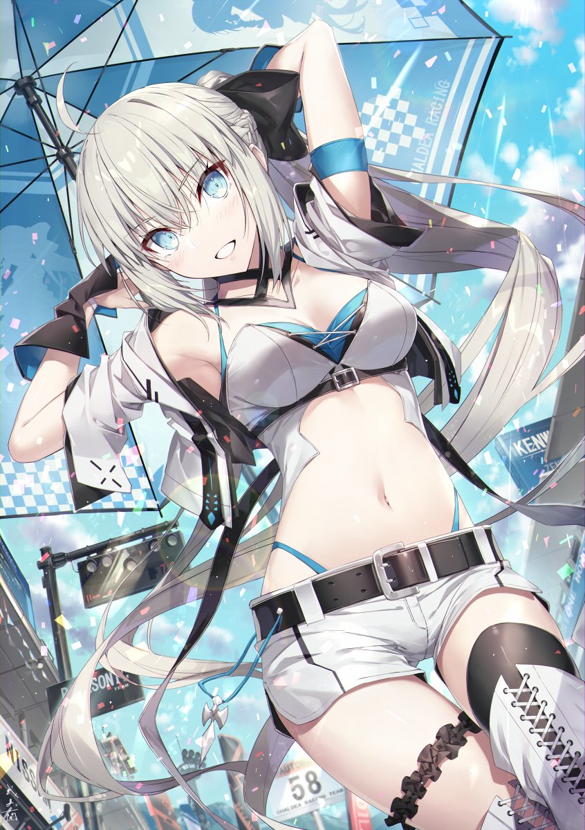 1girl ahoge alternate_costume belt belt_buckle bikini bikini_under_clothes black_belt black_ribbon blue_bikini blue_eyes blue_sky blue_umbrella blush braid breasts buckle cleavage cloud commentary_request confetti contemporary day fate/grand_order fate_(series) french_braid gabiran grey_hair grin hair_between_eyes hair_ribbon highleg highleg_bikini highres holding holding_umbrella jacket long_hair looking_at_viewer medium_breasts morgan_le_fay_(fate) navel open_clothes open_jacket outdoors parasol ponytail race_queen ribbon short_shorts shorts sidelocks sky smile solo stomach swimsuit umbrella very_long_hair white_jacket white_shorts