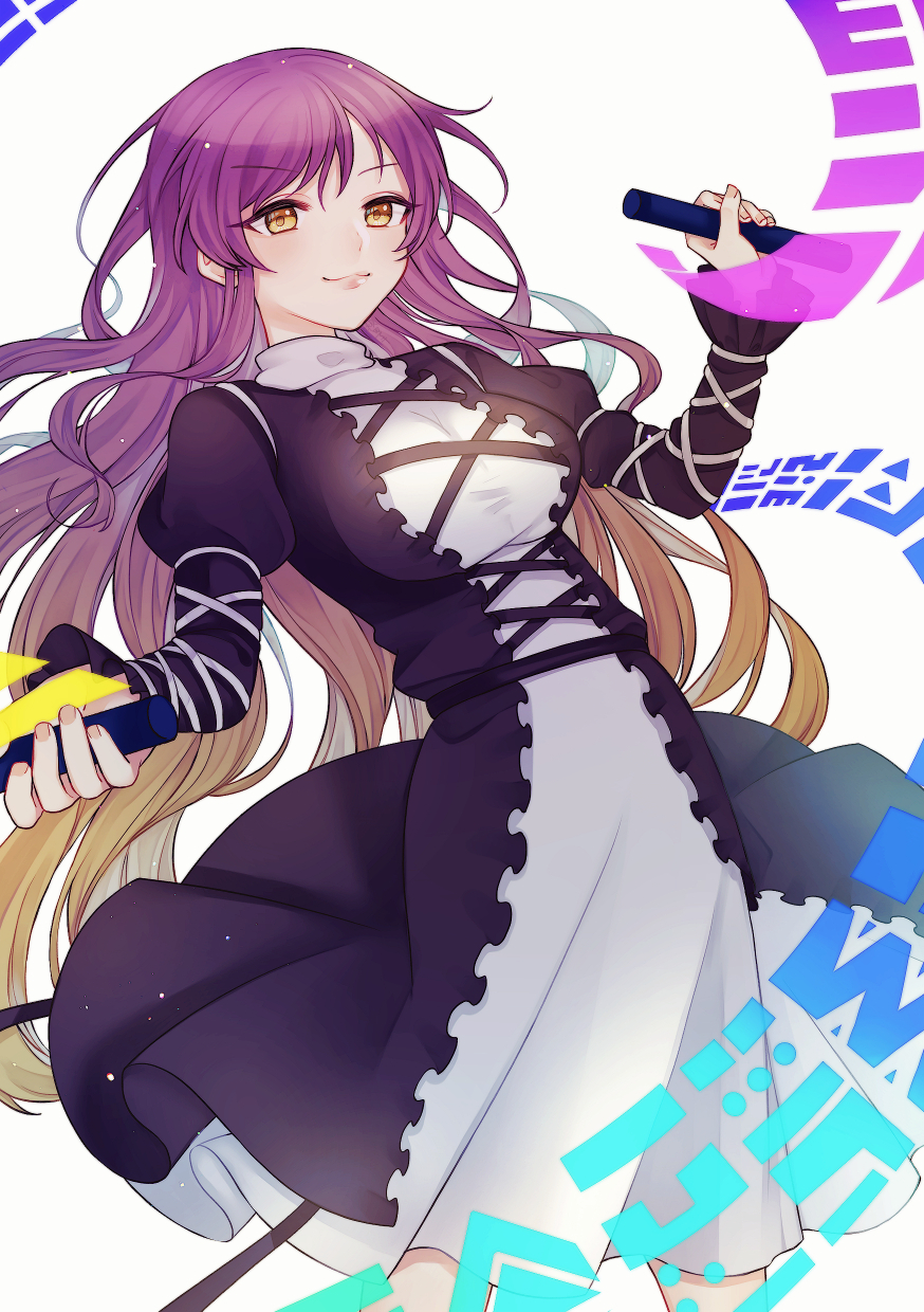 1girl black_dress blonde_hair breasts closed_mouth commentary_request cross-laced_clothes dress gradient_hair highres hijiri_byakuren juliet_sleeves large_breasts layered_dress long_hair long_sleeves multicolored_hair puffy_sleeves purple_hair sedamaki simple_background smile solo sorcerer's_sutra_scroll touhou turtleneck_dress very_long_hair white_background white_dress yellow_eyes