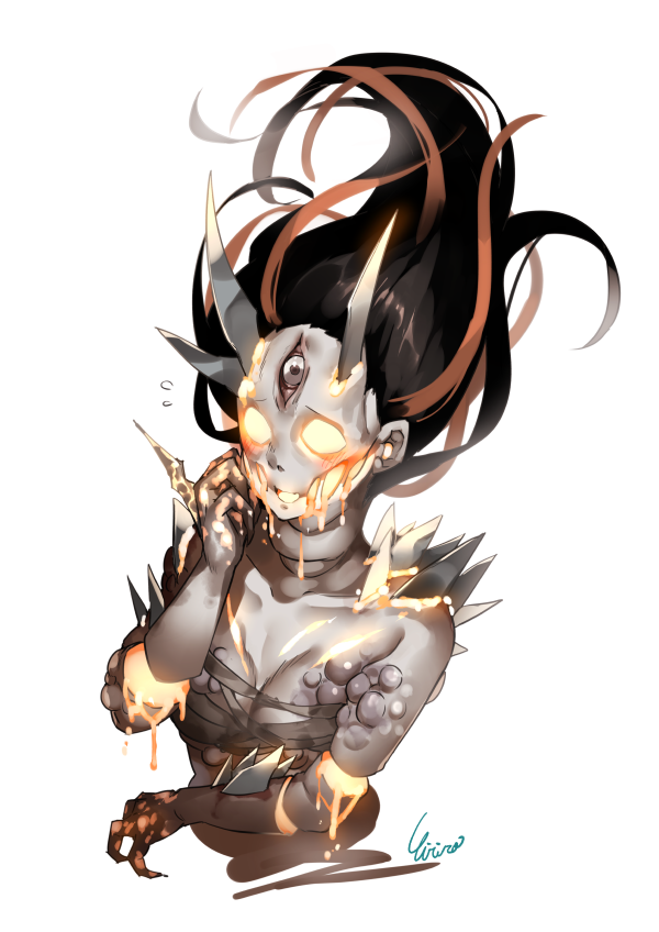 1girl alternate_costume black_hair breasts budget_sarashi chest_sarashi cleavage commentary_request dead_by_daylight eiri_(eirri) horns monster_girl multicolored_hair orange_hair sarashi shoulder_spikes signature small_breasts solo spikes streaked_hair the_spirit_(dead_by_daylight) third_eye two-tone_hair upper_body