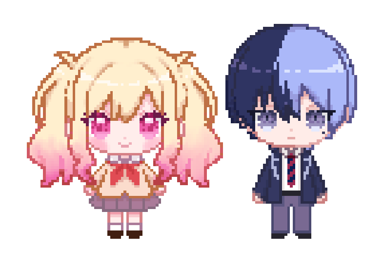 1boy 1girl :| aoyagi_touya black_footwear blonde_hair blue_hair blue_jacket blush closed_mouth commentary dark_blue_hair diagonal-striped_necktie dot_nose ebi_(yzpiyo039) full_body gradient_eyes grey_pants grey_skirt jacket kamiyama_high_school_uniform_(project_sekai) long_hair long_sleeves looking_at_viewer miyamasuzaka_girls'_academy_school_uniform mole mole_under_eye multicolored_eyes multicolored_hair neckerchief open_clothes open_jacket pants pink_eyes pink_hair pixel_art project_sekai red_neckerchief school_uniform short_hair sidelocks simple_background skirt smile socks split standing standing_on_one_leg standing_split tenma_saki twintails two-tone_hair white_background white_socks