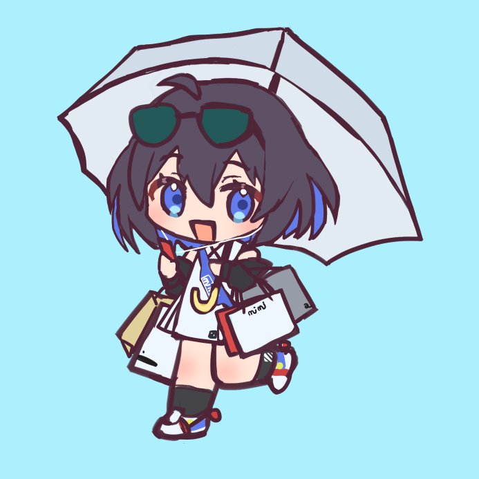 1girl ahoge arin_(1010_ssu) bag black-framed_eyewear black_hair black_socks blue_background blue_eyes blue_hair cellphone chibi commentary copyright_request dress earbuds earphones eyewear_on_head full_body green-tinted_eyewear grey_umbrella holding holding_phone holding_umbrella multicolored_hair paper_bag phone shoes shopping_bag simple_background sleeveless sleeveless_dress socks solo standing standing_on_one_leg sunglasses symbol-only_commentary tinted_eyewear two-tone_hair umbrella white_dress white_footwear