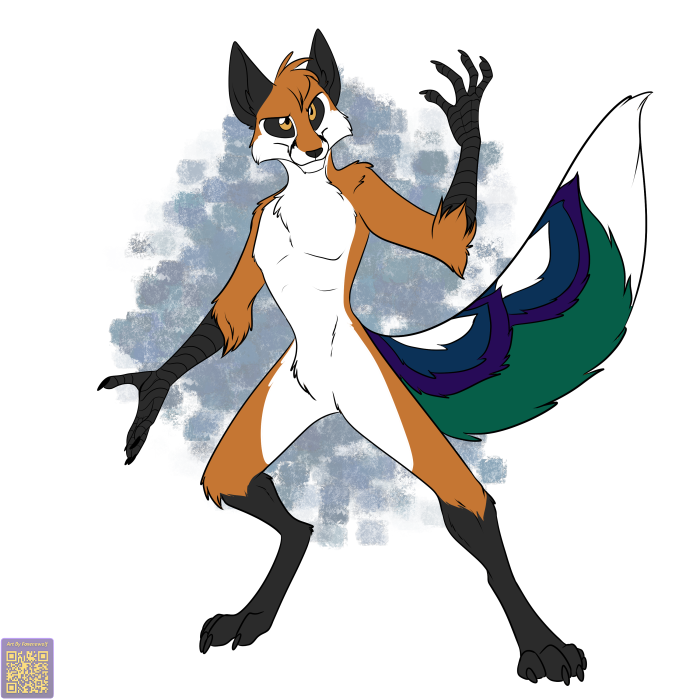 1:1 2023 anthro avian bird black_sclera canid canine digitigrade dipstick_tail fox foxenawolf fur galliform green_tail male mammal markings orange_body orange_eyes orange_fur peafowl phasianid scuted_arms scuted_feet scutes simple_background solo tail tail_markings turbo_(turbo_mcgogo) white_background