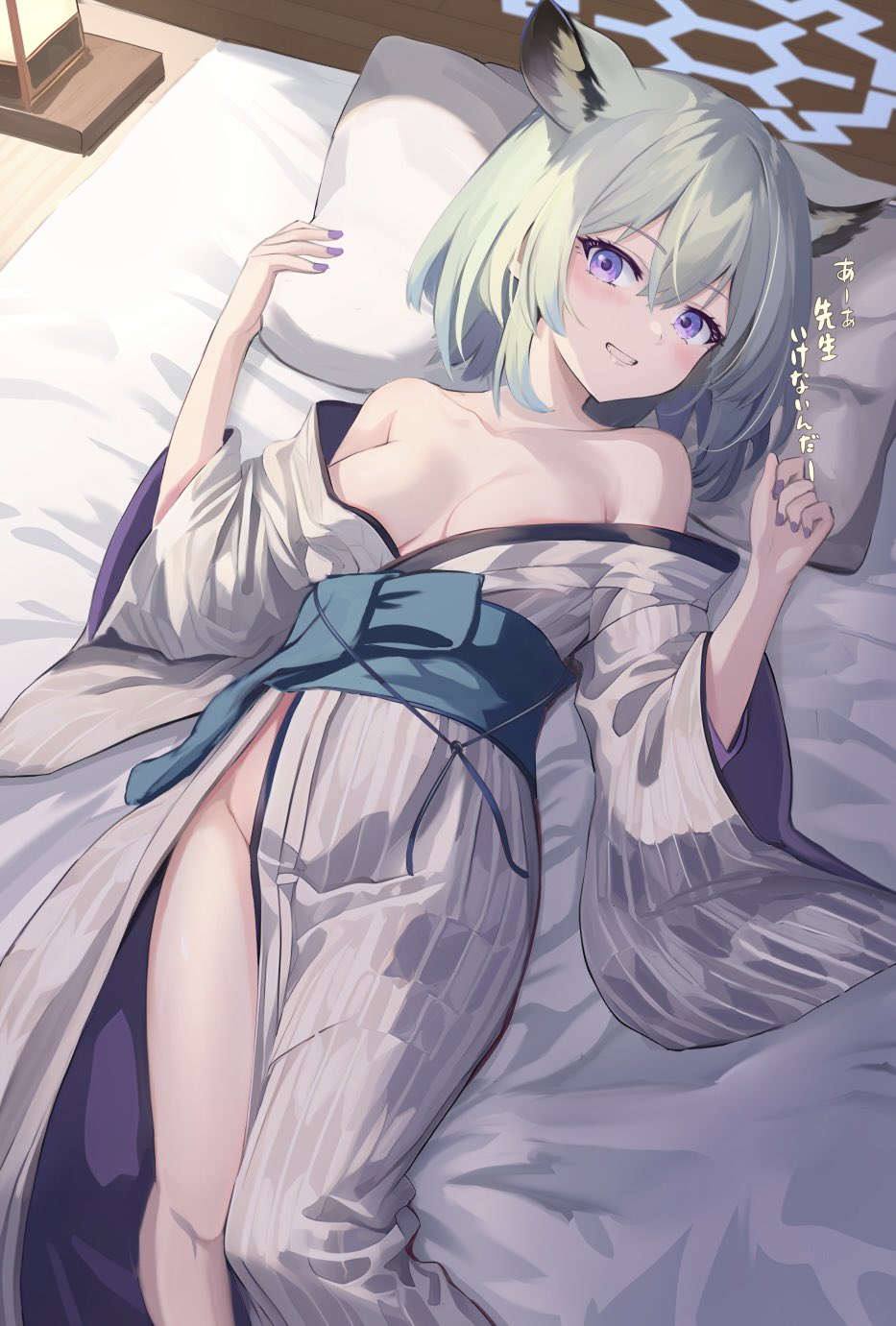 1girl animal_ears bare_shoulders bath_yukata blue_archive blush breasts cleavage collarbone grey_kimono groin hair_between_eyes halo highres indoors japanese_clothes kimono light_green_hair looking_at_viewer lying medium_breasts on_bed purple_eyes purple_nails ryouta_(ryouta335) shigure_(blue_archive) shigure_(hot_spring)_(blue_archive) short_hair smile solo translation_request upper_body weasel_ears white_halo yagasuri yukata