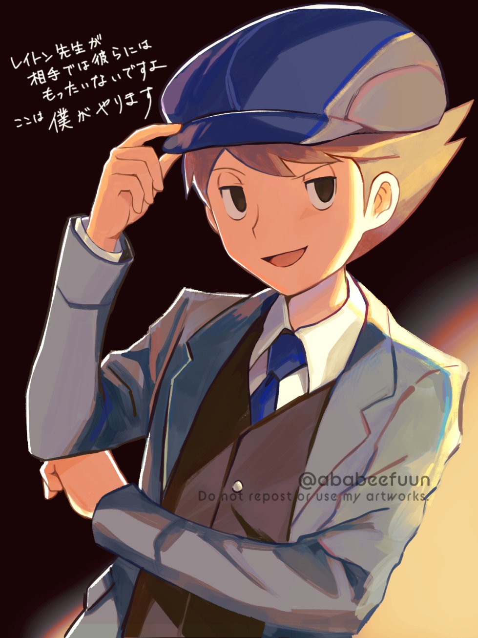 1boy :d abarenbou_bifun blue_headwear blue_jacket blue_necktie brown_eyes brown_hair brown_vest cabbie_hat collared_shirt future_luke grey_jacket hand_on_headwear hand_up hat highres jacket long_sleeves looking_at_viewer male_focus necktie open_mouth professor_layton shirt short_hair smile solo translation_request upper_body vest white_shirt