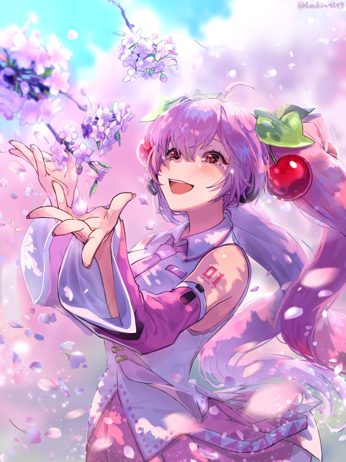 1girl bangs bare_shoulders blue_sky blush cherry_blossoms cherry_hair_ornament cherry_tree collared_shirt commentary_request detached_sleeves falling_petals food-themed_hair_ornament hair_ornament hands_up happy happy_tears hatsune_miku highres kachin long_hair looking_up miku_day necktie number_tattoo open_hands open_mouth outdoors petals pink_hair pink_necktie pink_skirt red_eyes shirt shoulder_tattoo skirt sky solo tattoo tears teeth twintails twitter_username upper_teeth_only vocaloid