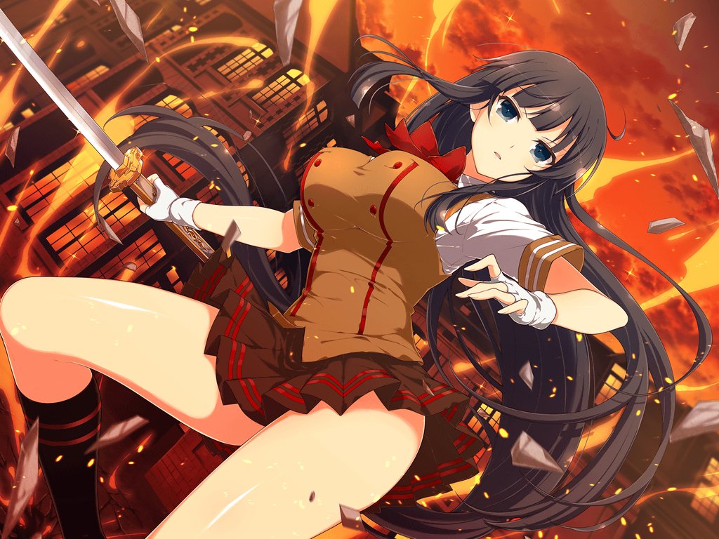 1girl black_hair black_socks blue_eyes blunt_bangs bow bowtie breasts brown_skirt building buttons chouun_shiryuu chouun_shiryuu_(cosplay) cosplay crossover debris double-breasted energy evening fingerless_gloves fire flame fuchi_(hilt) gloves holding holding_sword holding_weapon house ikaruga_(senran_kagura) ikkitousen ikkitousen_dragon_destiny impossible_clothes kneehighs large_breasts light_particles long_hair looking_at_viewer mansion miniskirt official_alternate_costume official_art ootachi orange_sky pleated_skirt red_bow red_bowtie school_uniform senran_kagura senran_kagura_new_link senran_kagura_shoujo-tachi_no_shin'ei shiny_skin shirt skirt sky sleeve_cuffs socks solo sparkle sparks standing standing_on_one_leg sword thighs tsuba_(guard) tsuka_(handle) very_long_hair weapon white_gloves window yaegashi_nan