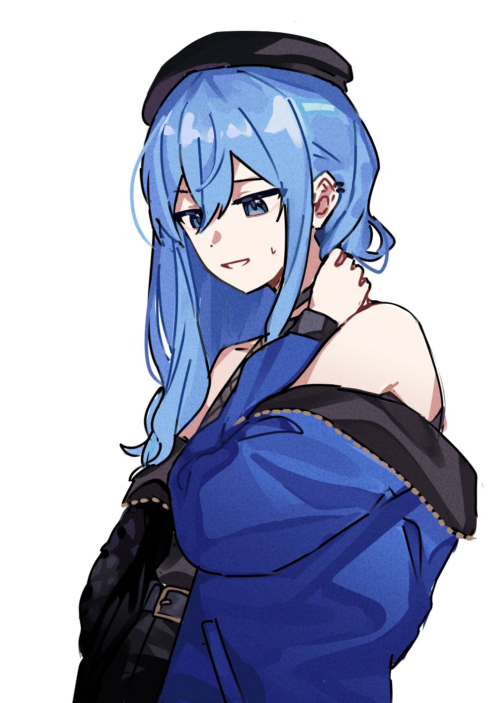 1girl armpit_crease bare_shoulders black_choker black_headwear blue_eyes blue_hair blue_jacket choker ear_ornament earrings hair_flowing_over hair_ornament hair_strand hand_in_own_hair hand_on_own_neck hat highres hololive hoshimachi_suisei jacket jewelry kiel_adair long_hair looking_down open_clothes open_jacket sidelocks simple_background solo sweat virtual_youtuber white_background worried