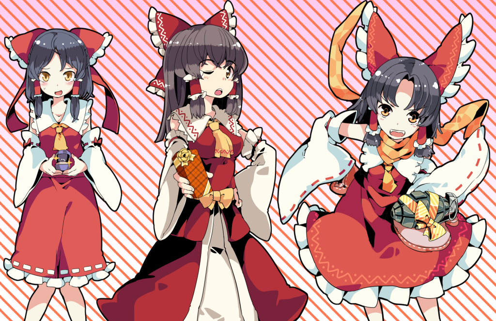 3girls aoi_kujira ascot benikurage_(cookie) black_hair blush bow breasts brown_eyes collared_shirt commentary_request cookie_(touhou) detached_sleeves explosive feet_out_of_frame frilled_bow frilled_hair_tubes frilled_shirt_collar frilled_skirt frills gift grenade hair_bow hair_tubes hakurei_reimu incoming_gift jewelry kanna_(cookie) long_hair looking_at_viewer marisa_to_alice_no_cookie_storia medium_bangs medium_breasts medium_hair multiple_girls one_eye_closed open_mouth parted_bangs pink_background red_bow red_shirt red_skirt ribbon-trimmed_sleeves ribbon_trim ring ring_box sananana_(cookie) shirt sidelocks skirt skirt_set sleeveless sleeveless_shirt small_breasts smile standing striped striped_background touhou white_sleeves wide_sleeves yellow_ascot yellow_eyes