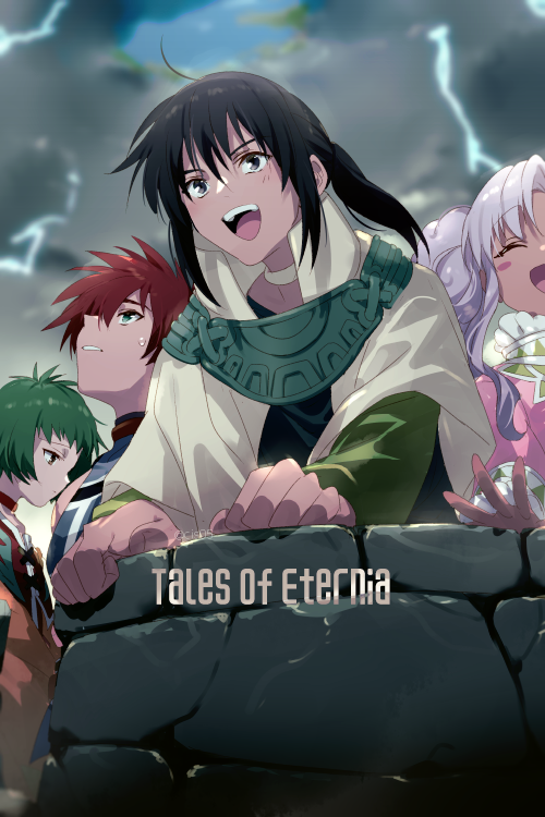 2boys 2girls blue_hair closed_mouth dark-skinned_female dark_skin dress echo_(circa) farah_oersted green_hair keele_zeibel long_hair meredy_(tales) multiple_boys multiple_girls open_mouth purple_hair red_hair reid_hershel short_hair smile tales_of_(series) tales_of_eternia twintails very_short_hair