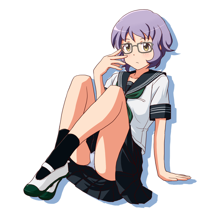 1girl :&lt; arm_support black_sailor_collar black_skirt black_socks check_commentary commentary_request expressionless glasses green_neckerchief grey-framed_eyewear hand_up idolmaster idolmaster_million_live! idolmaster_million_live!_theater_days legs lielos light_blush looking_at_viewer makabe_mizuki neckerchief official_alternate_costume panties pantyshot pleated_skirt purple_hair sailor_collar school_uniform shadow shirt shoes short_hair short_sleeves sidelocks sitting skirt socks solo thighs underwear uwabaki wavy_hair white_background white_footwear white_panties white_shirt yellow_eyes