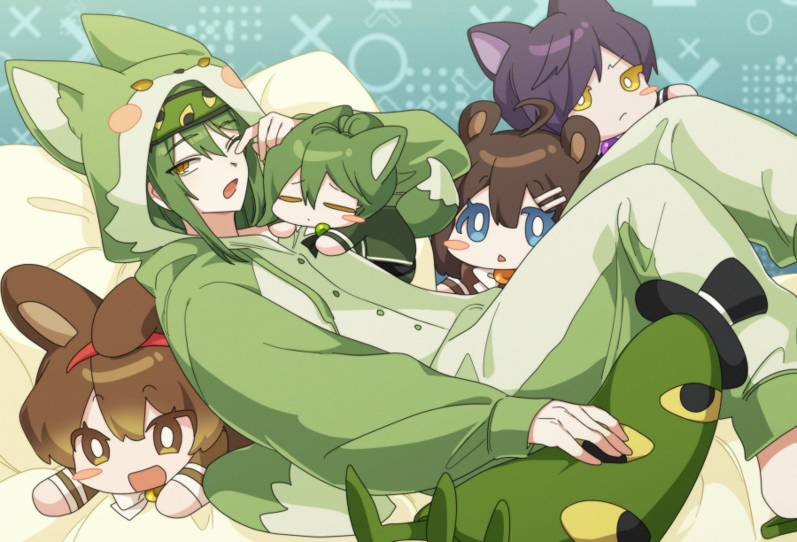 1boy ahoge animal_costume animal_ears bbunny bear_ears bed_sheet blue_eyes blush_stickers brown_eyes brown_hair buttons character_doll cosplay fox_costume fox_ears fox_tail green_hair hat hod_(project_moon) kigurumi library_of_ruina looking_at_viewer lying male_focus netzach_(project_moon) on_back one_eye_closed pillow project_moon purple_hair rabbit_ears sleep_mask solo stuffed_toy tail top_hat yellow_eyes