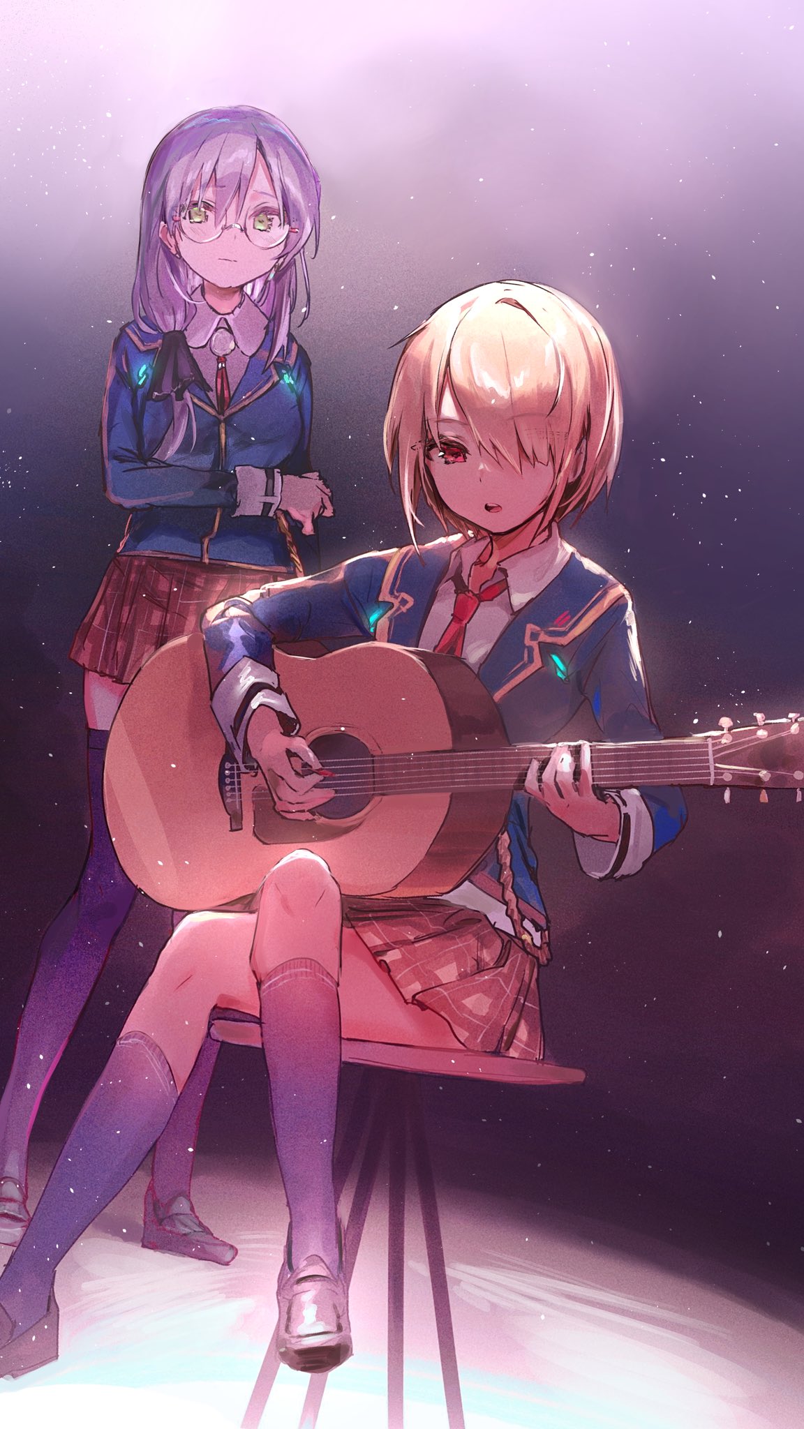 2girls arm_under_breasts black_ribbon black_socks black_thighhighs blazer blue_jacket blush brown_footwear closed_mouth crossed_legs glasses green_eyes guitar hair_over_one_eye heaven_burns_red highres holding holding_instrument instrument irohatomo izumi_yuki_(heaven_burns_red) jacket kayamori_ruka loafers long_hair long_sleeves multiple_girls music necktie on_chair open_mouth plaid plaid_skirt playing_instrument pleated_skirt red_eyes red_necktie ribbon school_uniform shirt shoes short_hair sitting skirt socks sparkle standing stool thighhighs white_hair white_shirt wooden_stool