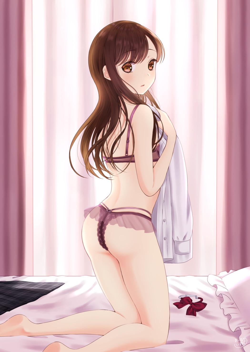 1girl ass back barefoot bed bedroom bow bowtie bowtie_removed bra brown_eyes brown_hair commentary_request curtains dress_shirt frilled_panties frills from_behind full_body highres holding holding_clothes holding_shirt indoors kneeling light_frown lingerie long_hair looking_at_viewer looking_back multi-strapped_panties on_bed original osumi_izumi panties parted_lips pillow purple_bra purple_panties shirt shirt_removed skirt skirt_removed solo thong underwear underwear_only undressing white_shirt