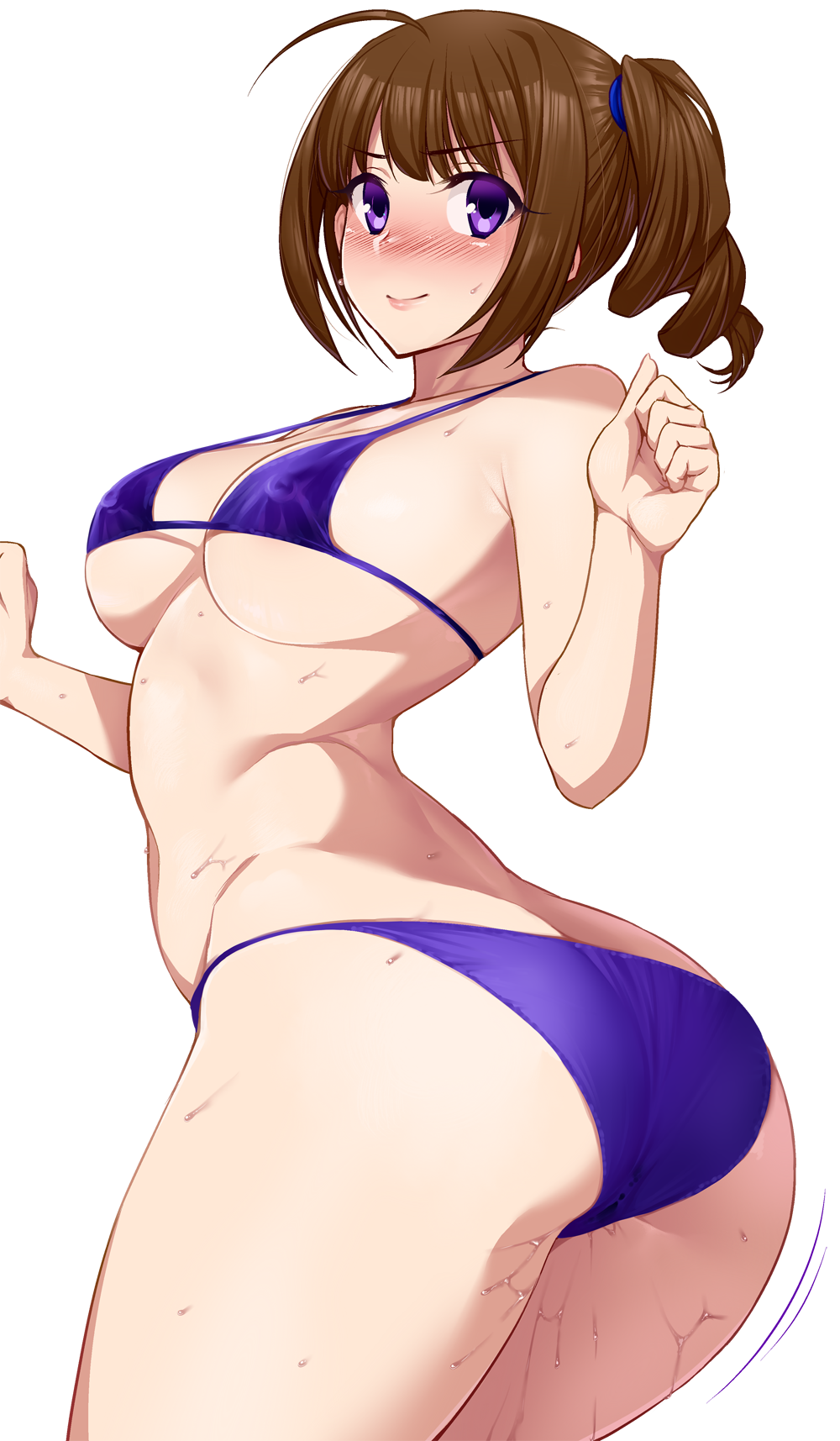 1girl ahoge ass bikini blue_bikini blush breasts brown_hair cleavage closed_mouth covered_nipples drill_hair from_behind highres idolmaster idolmaster_million_live! looking_at_viewer looking_back namidame purple_eyes side_drill side_ponytail smile solo standing swimsuit wet yokoyama_nao