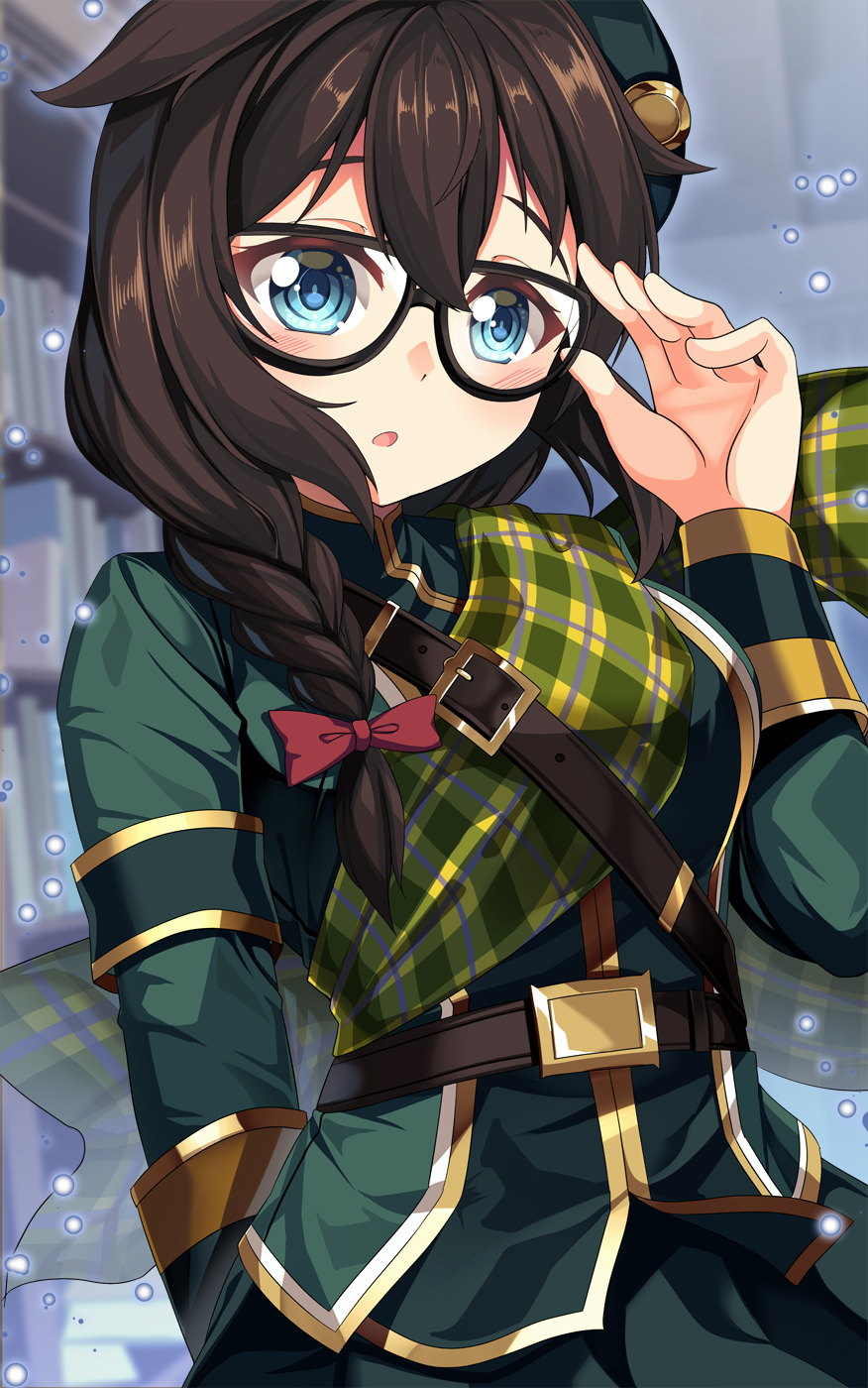 1girl adjusting_eyewear armband belt beret bespectacled black-framed_eyewear black_belt blue_eyes blush braid breasts brown_hair cosplay glasses gold_trim green_headwear green_jacket green_shirt green_skirt hair_between_eyes hair_flaps hairstyle_connection hand_on_eyewear hat highres jacket kantai_collection long_hair long_sleeves open_mouth pleated_skirt shawl shigure_(kancolle) shigure_kai_ni_(kancolle) shirt single_braid skirt solo umamusume upper_body yasume_yukito zenno_rob_roy_(umamusume) zenno_rob_roy_(umamusume)_(cosplay)