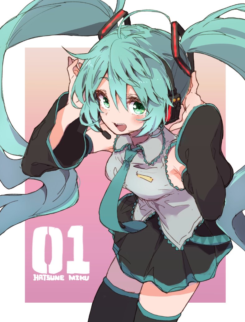 1girl aqua_hair aqua_necktie black_skirt black_thighhighs breasts character_name detached_sleeves green_eyes grey_shirt hair_between_eyes hatsune_miku headphones headset jamir long_hair looking_at_viewer medium_breasts necktie open_mouth shirt simple_background skirt sleeveless sleeveless_shirt solo thighhighs twintails very_long_hair vocaloid