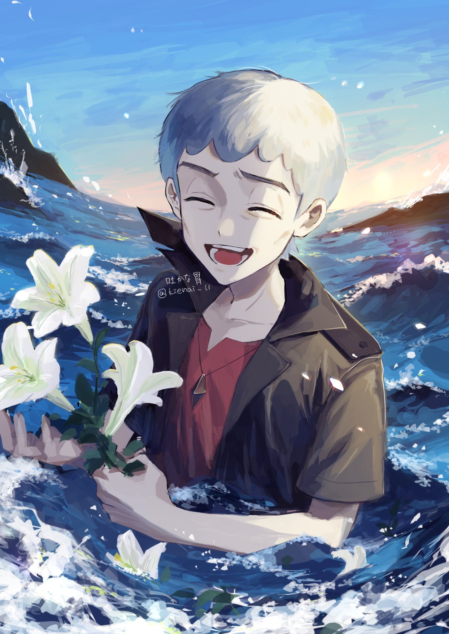 1boy :d closed_eyes collarbone commentary day flower grey_hair happy highres holding holding_flower jacket jewelry kienai_11 male_focus nanu_(pokemon) necklace open_clothes open_jacket open_mouth outdoors partially_submerged pokemon pokemon_(game) pokemon_sm red_shirt shirt short_hair short_sleeves sky smile solo symbol-only_commentary teeth tongue twitter_username water watermark white_flower